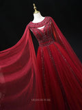 Prom Dresses 2025 to impress Red Beaded Tulle Prom Dresses with Cape Sleeve, Boat Neck, Pageant Dresses SU058-vigocouture-vigocouture