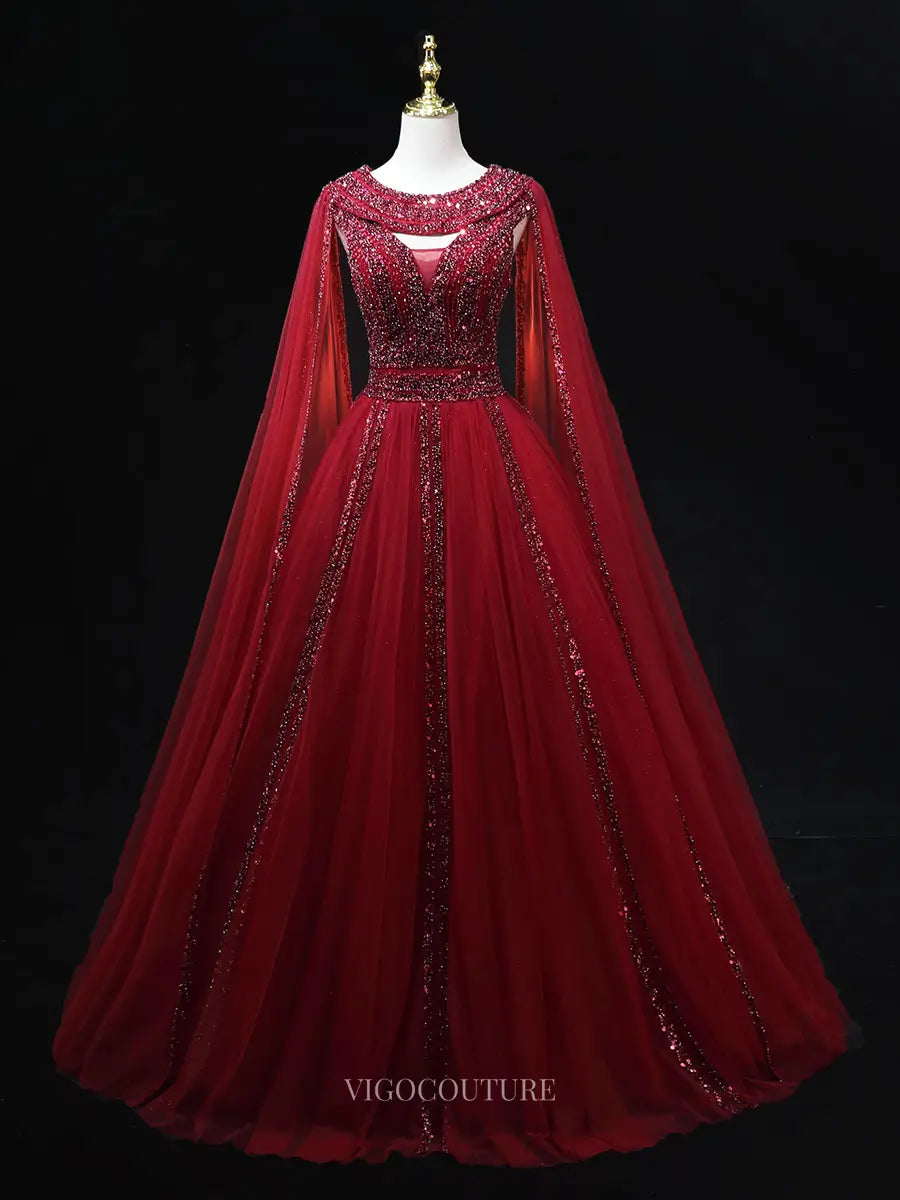 Prom Dresses 2025 to impress Red Beaded Tulle Prom Dresses with Cape Sleeve, Boat Neck, Pageant Dresses SU058-vigocouture-Red-Custom Size-vigocouture