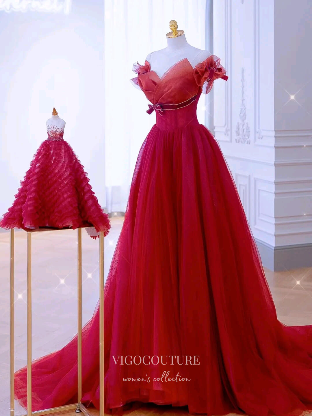 Prom Dress 2025 Red Bow-Tie Prom Dresses Removable Sleeve Formal Dresses 21177-unique elegant Prom Dresses-Red-Custom Size-vigocouture