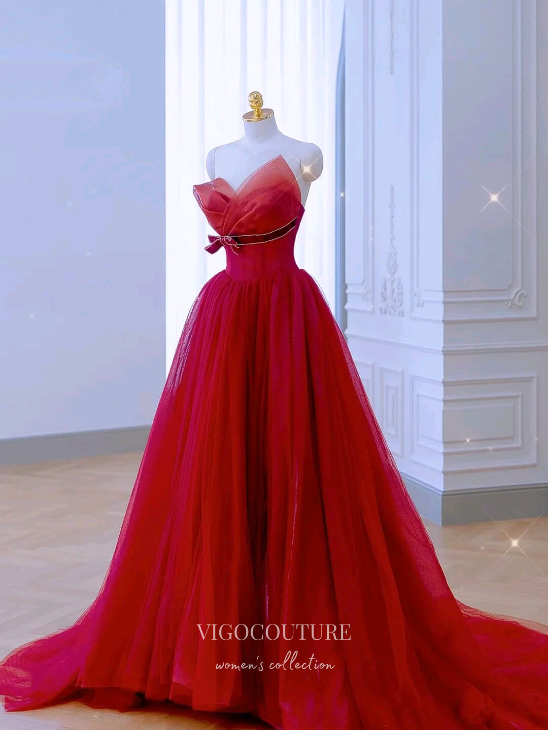 Prom Dress 2025 Red Bow-Tie Prom Dresses Removable Sleeve Formal Dresses 21177-unique elegant Prom Dresses-Red-Custom Size-vigocouture