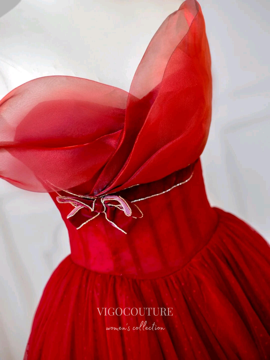 Prom Dress 2025 Red Bow-Tie Quinceanera Dresses Strapless Sweet 15 Dresses 21164-unique elegant Prom Dresses-Red-Custom Size-vigocouture