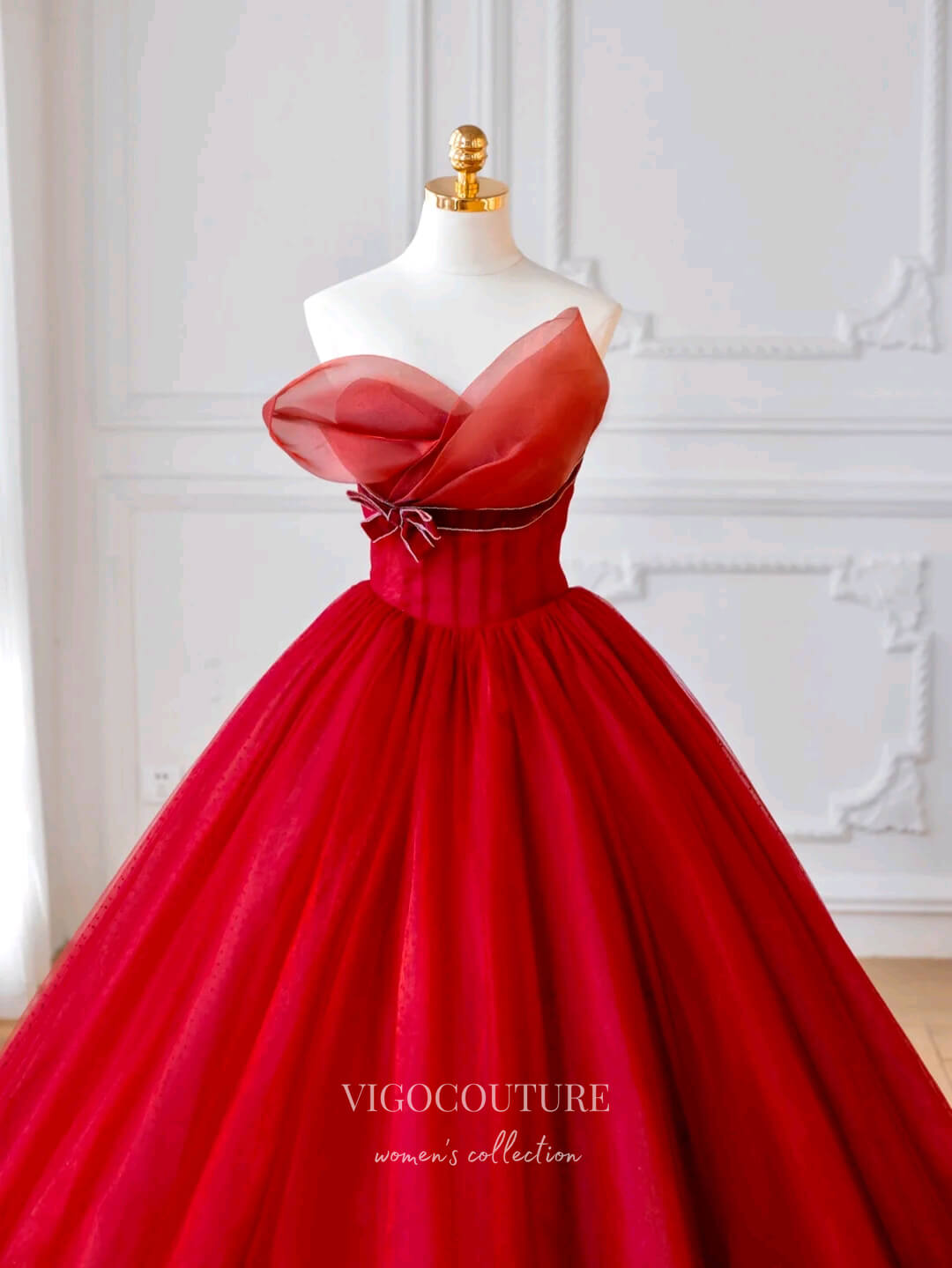 Prom Dress 2025 Red Bow-Tie Quinceanera Dresses Strapless Sweet 15 Dresses 21164-unique elegant Prom Dresses-Red-Custom Size-vigocouture