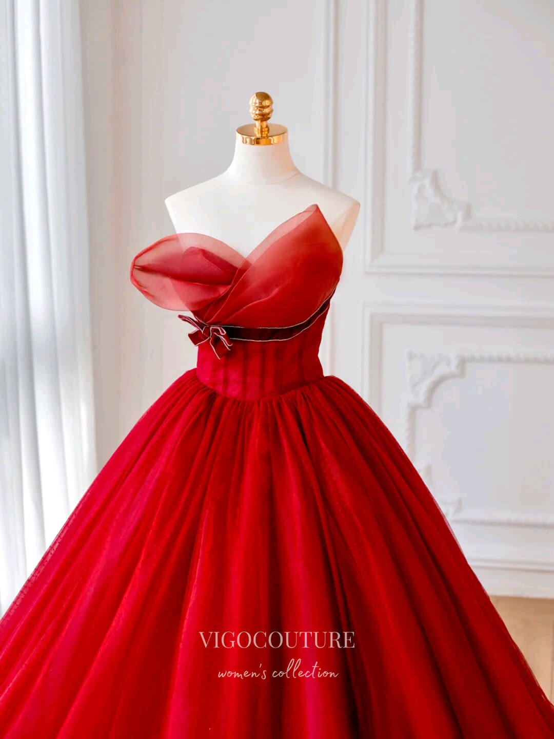 Prom Dress 2025 Red Bow-Tie Quinceanera Dresses Strapless Sweet 15 Dresses 21164-unique elegant Prom Dresses-Red-Custom Size-vigocouture