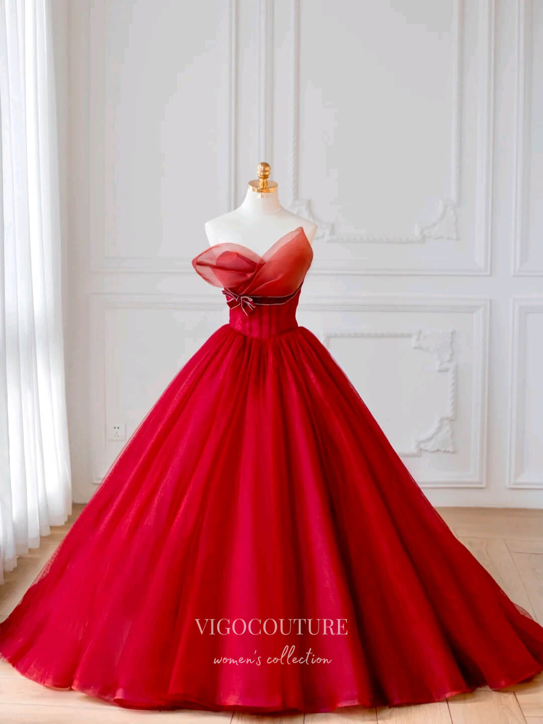 Prom Dress 2025 Red Bow-Tie Quinceanera Dresses Strapless Sweet 15 Dresses 21164-unique elegant Prom Dresses-Red-Custom Size-vigocouture