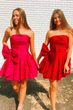 Short Prom Dresses 2025 Red Bow-Tie Satin Homecoming Dresses Strapless Ruched Graduation Dress hc461-Prom Dresses-vigocouture-vigocouture