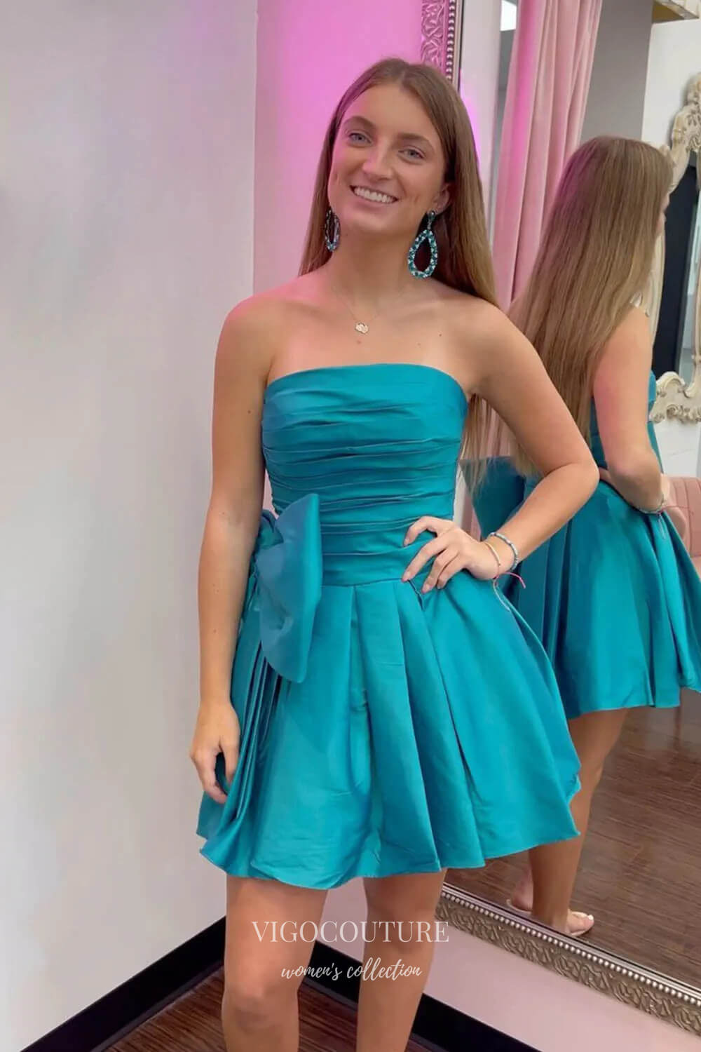 Red Bow-Tie Satin Homecoming Dresses Strapless Ruched Graduation Dress hc461 - Teal / Custom Size Red Bow-Tie Satin Homecoming Dresses Strapless Ruched Graduation Dress hc461 - Teal / Custom Size