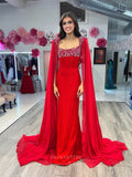 Prom Dress 2025 Red Cape Sleeve Sheath Prom Dresses Beaded Neckline Satin Bodice 24146-unique elegant Prom Dresses-Red-Custom Size-vigocouture