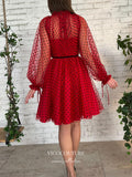 Short Prom Dresses 2025 Red Dotted Tulle Hoco Dresses Long Sleeve Graduation Dresses hc164-Prom Dresses-vigocouture-vigocouture