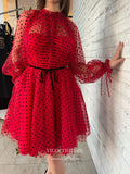 Short Prom Dresses 2025 Red Dotted Tulle Hoco Dresses Long Sleeve Graduation Dresses hc164-Prom Dresses-vigocouture-vigocouture