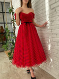 Short Prom Dresses 2025 Red Dotted Tulle Hoco Dresses Off the Shoulder Graduation Dresses hc165-Prom Dresses-vigocouture-vigocouture