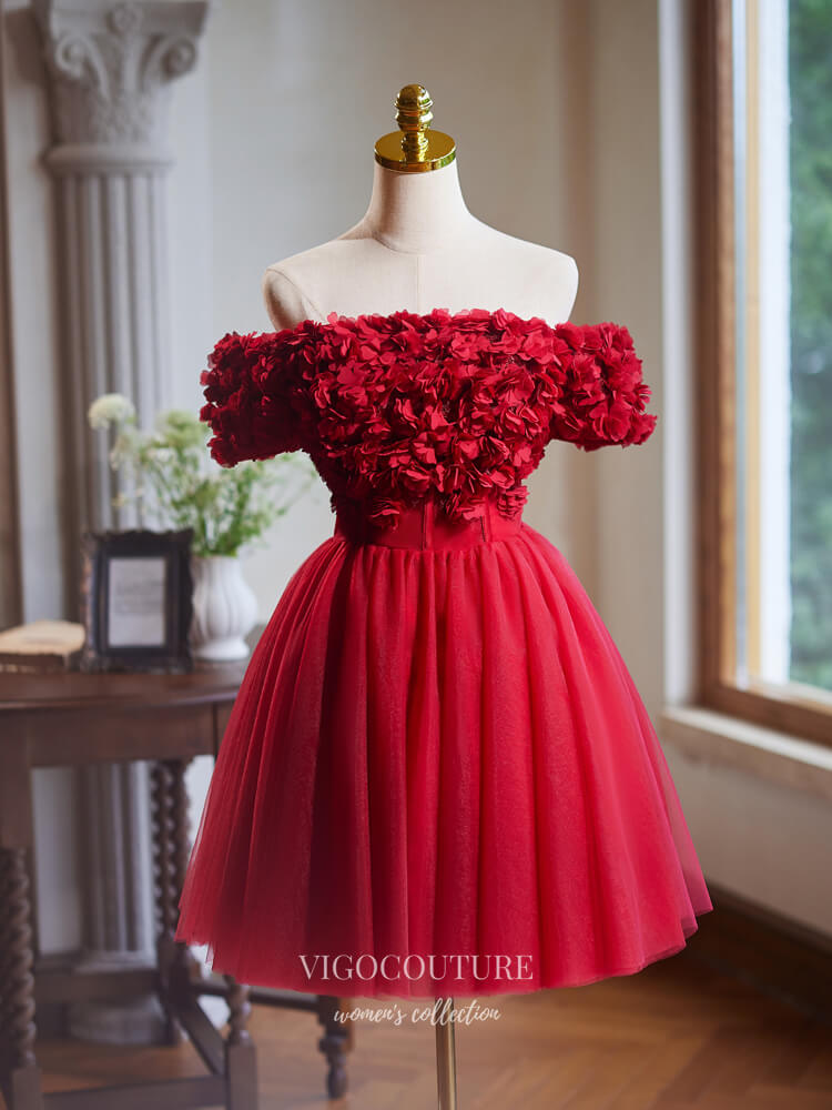 Short Prom Dresses 2025 Red Floral Homecoming Dress Off the Shoulder Graduation Dress hc326-Prom Dresses-vigocouture-vigocouture