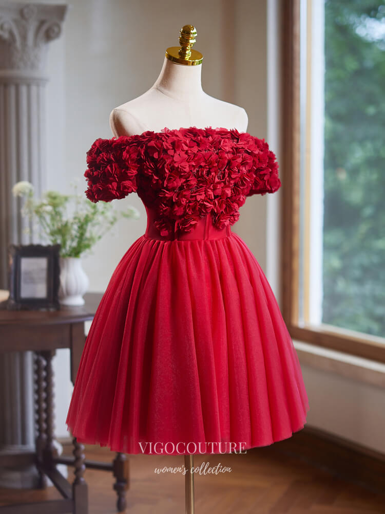 Short Prom Dresses 2025 Red Floral Homecoming Dress Off the Shoulder Graduation Dress hc326-Prom Dresses-vigocouture-vigocouture