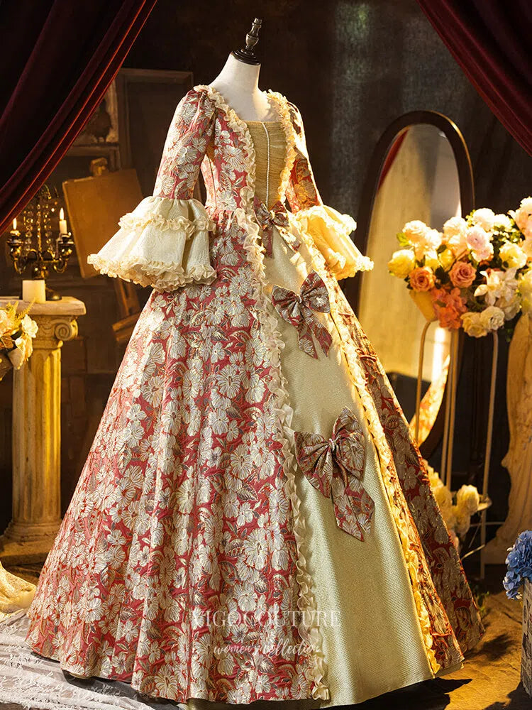 Red Floral Print Tiered Vintage Princess Dress Puffed Sleeve Bow-Tie Quinceanera Dresses 25044 Custom Colors / 24W Red Floral Print Tiered Vintage Princess Dress Puffed Sleeve Bow-Tie Quinceanera Dresses 25044 Custom Colors / 24W