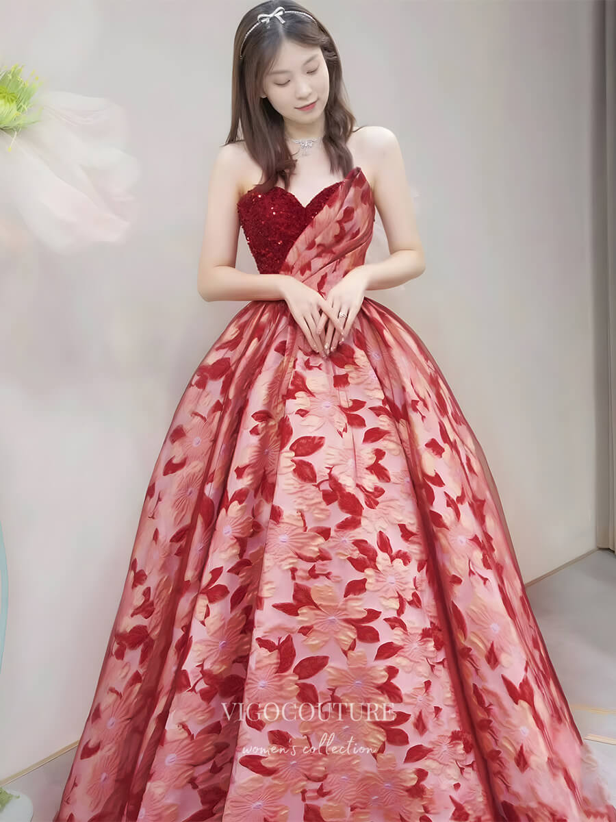 Red Floral Satin Prom Dresses Sweetheart Neck Formal Gown 22055 Custom Colors / US2 Red Floral Satin Prom Dresses Sweetheart Neck Formal Gown 22055 Custom Colors / US2