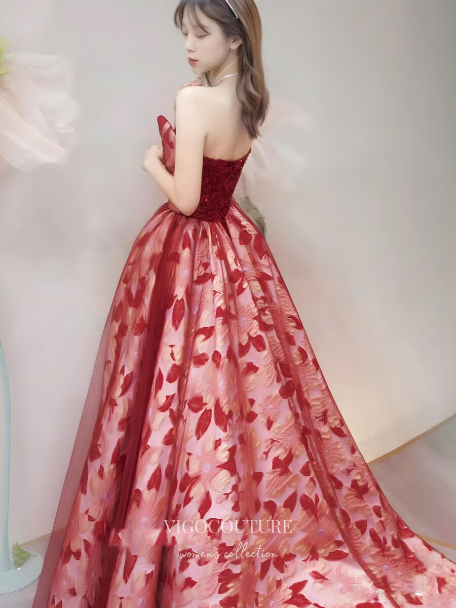 red floral prom dress Long Mermaid Prom Dress with Flowers