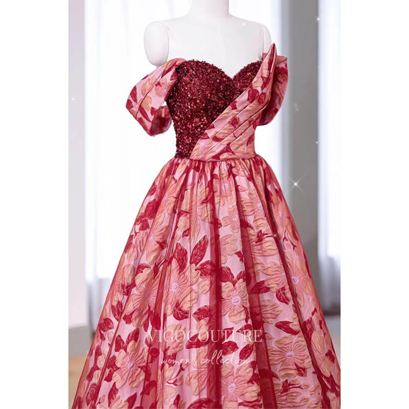 Prom Dress 2025 Red Floral Satin Prom Dresses Sweetheart Neck Formal Gown 22055-unique elegant Prom Dresses-Red-US2-vigocouture