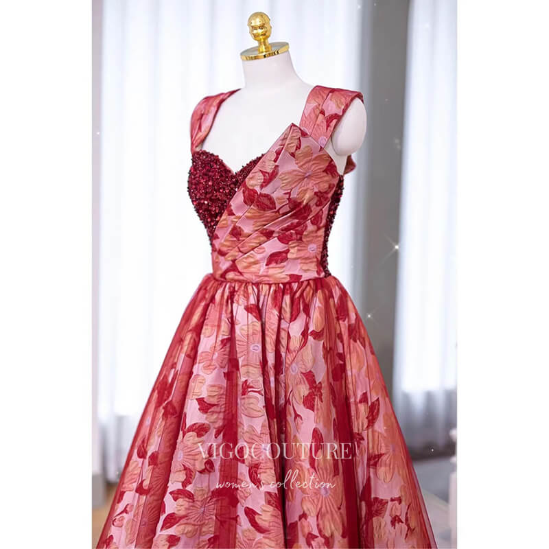 Red Floral Satin Prom Dresses Sweetheart Neck Formal Gown 22055 Custom Colors / US2 Red Floral Satin Prom Dresses Sweetheart Neck Formal Gown 22055 Custom Colors / US2