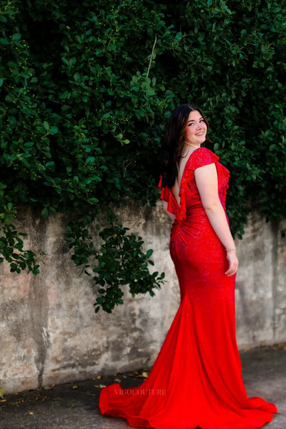 Prom Dresses 2025 to impress Red Glitter Mermaid Prom Dress with Ruffle Cap Sleeves, Deep V Neck & Open Back – 26075-vigocouture-vigocouture