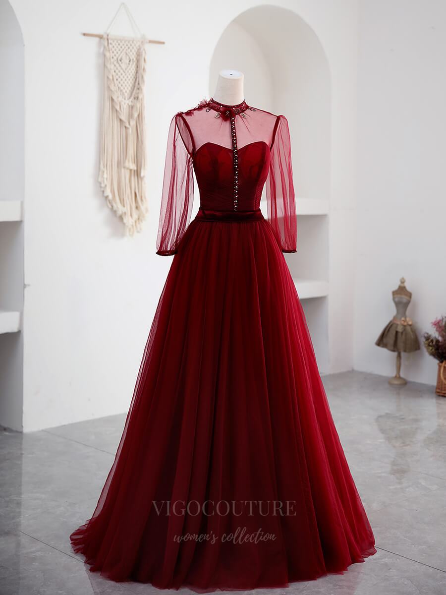 Prom Dress 2025 Red High Neck Long Sleeve Prom Dress 20653-unique elegant Prom Dresses-Red-US2-vigocouture