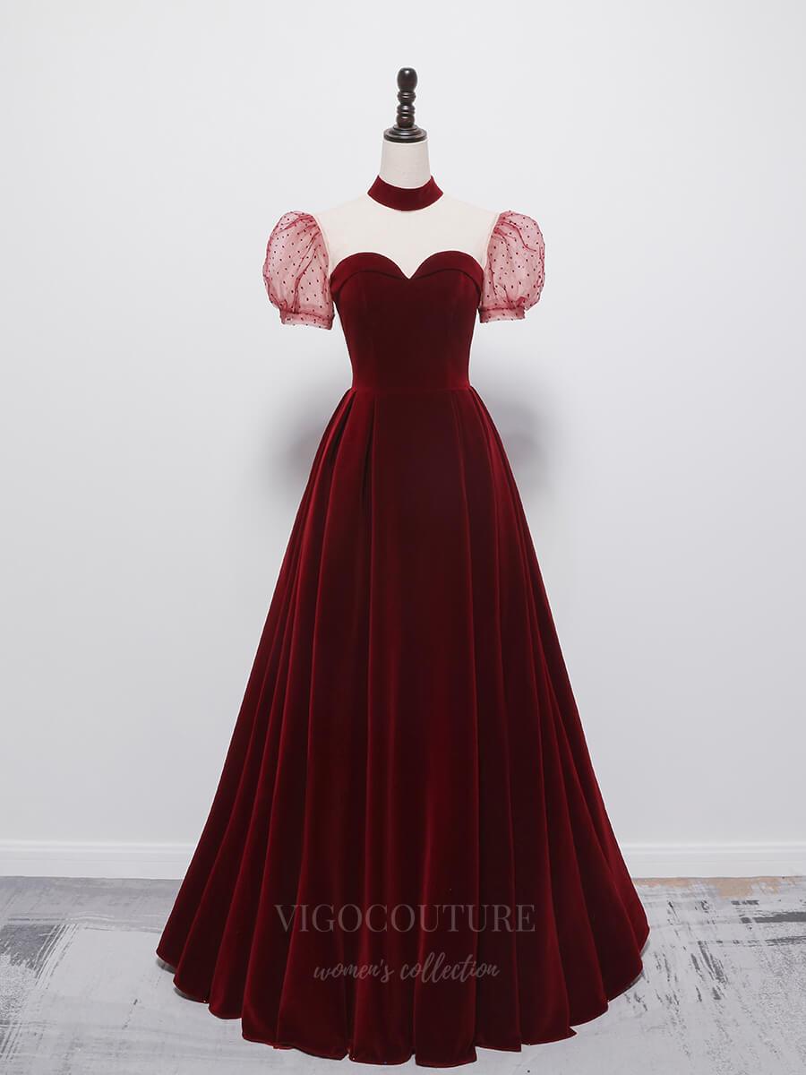 Prom Dress 2025 Red High Neck Puffed Sleeve Prom Dress 20657-unique elegant Prom Dresses-Red-US2-vigocouture