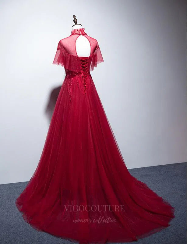 Prom Dress 2025 Red High Neck Short Sleeve Prom Dress 20666-unique elegant Prom Dresses-Red-US2-vigocouture