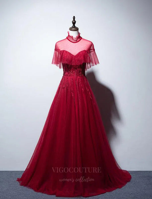 Prom Dress 2025 Red High Neck Short Sleeve Prom Dress 20666-unique elegant Prom Dresses-Red-US2-vigocouture