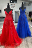 Prom Dress 2025 Red Lace Applique Cheap Prom Dresses with Slit Spaghetti Strap V-Neck 24316-unique elegant Prom Dresses-Blue-Custom Size-vigocouture