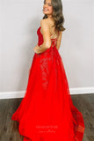 Prom Dress 2025 Red Lace Applique Cheap Prom Dresses with Slit Spaghetti Strap V-Neck 24316-unique elegant Prom Dresses-Red-Custom Size-vigocouture