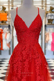 Prom Dress 2025 Red Lace Applique Cheap Prom Dresses with Slit Spaghetti Strap V-Neck 24316-unique elegant Prom Dresses-Red-Custom Size-vigocouture