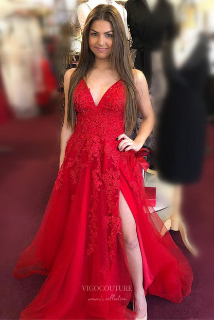 Red Lace Applique Cheap Prom Dresses with Slit Spaghetti Strap V-Neck 24316 Red Lace Applique Cheap Prom Dresses with Slit Spaghetti Strap V-Neck 24316