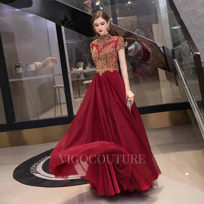 Prom Dress 2025 Red Lace Applique High Neck A-line Prom Dress 20052-unique elegant Prom Dresses-Red-US2-vigocouture