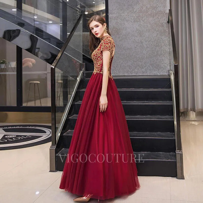 Prom Dress 2025 Red Lace Applique High Neck A-line Prom Dress 20052-unique elegant Prom Dresses-Red-US2-vigocouture