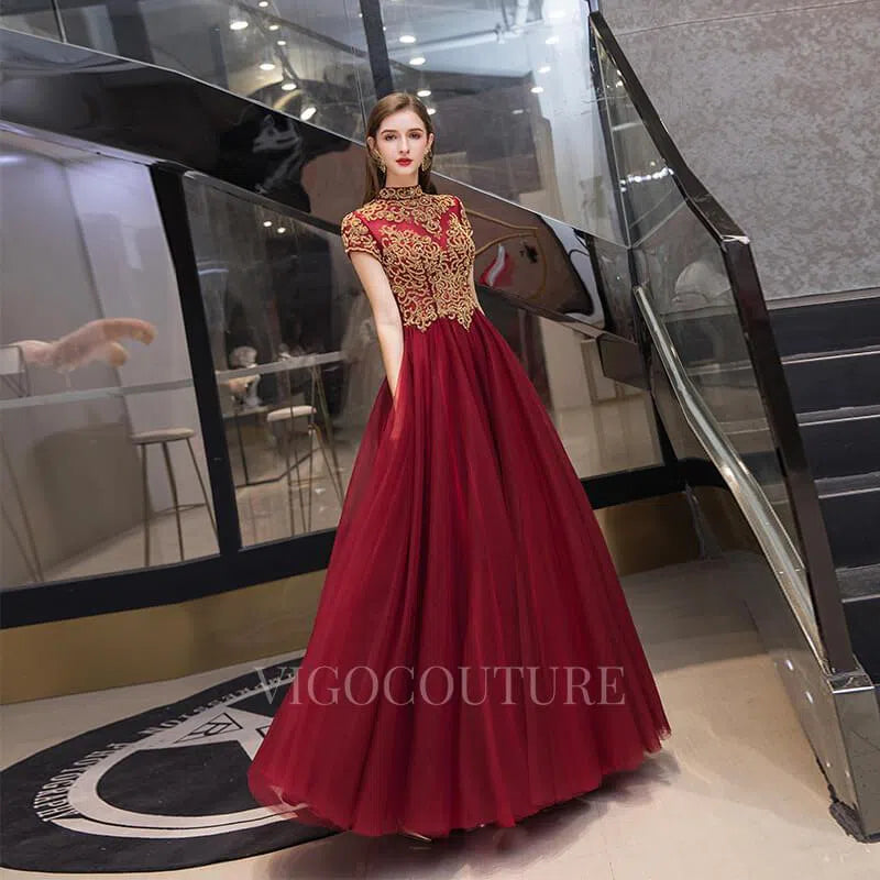 Prom Dress 2025 Red Lace Applique High Neck A-line Prom Dress 20052-unique elegant Prom Dresses-Red-US2-vigocouture