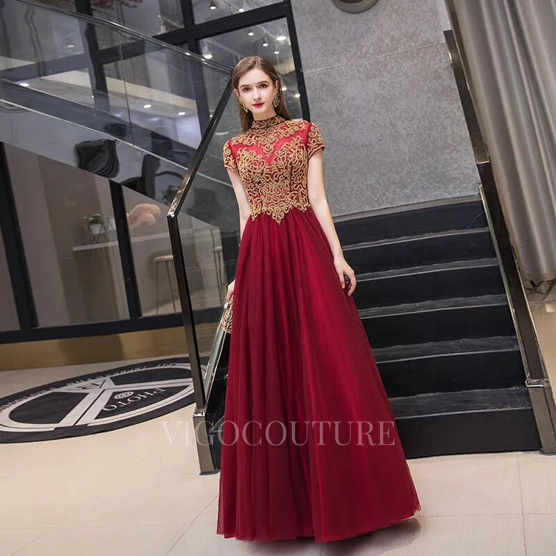 Prom Dress 2025 Red Lace Applique High Neck A-line Prom Dress 20052-unique elegant Prom Dresses-Red-US2-vigocouture