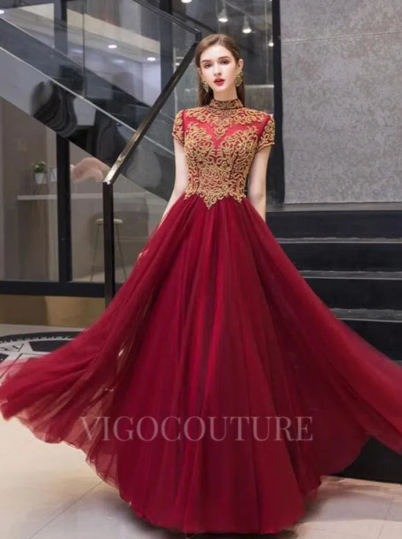 Prom Dress 2025 Red Lace Applique High Neck A-line Prom Dress 20052-unique elegant Prom Dresses-Red-US2-vigocouture