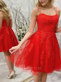 Short Prom Dresses 2025 Red Lace Applique Homecoming Dress Spaghetti Strap Hoco Dress hc012-Prom Dresses-vigocouture-Red-US2-vigocouture