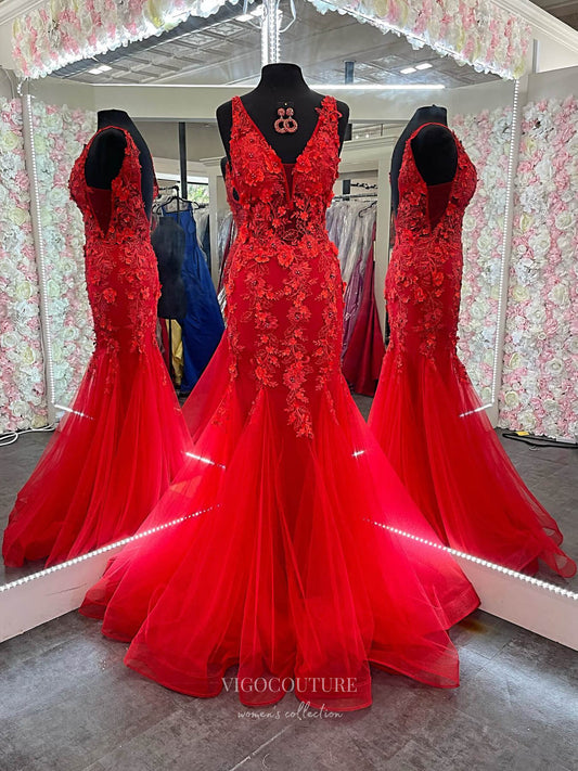 Prom Dress 2025 Red Lace Applique Mermaid Prom Dresses 2024 V-Neck Sheer Bodice 24228-unique elegant Prom Dresses-Red-Custom Size-vigocouture