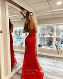 Prom Dress 2025 Red Lace Applique Mermaid Prom Dresses Strapless Evening Dress 24040-unique elegant Prom Dresses-Red-Custom Size-vigocouture