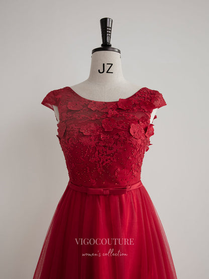 Prom Dress 2025 Red Lace Applique Prom Dresses Cap Sleeve Formal Dresses 21037-unique elegant Prom Dresses-Red-Custom Size-vigocouture