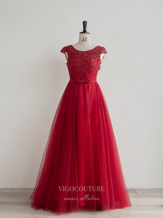 Prom Dress 2025 Red Lace Applique Prom Dresses Cap Sleeve Formal Dresses 21037-unique elegant Prom Dresses-Red-Custom Size-vigocouture