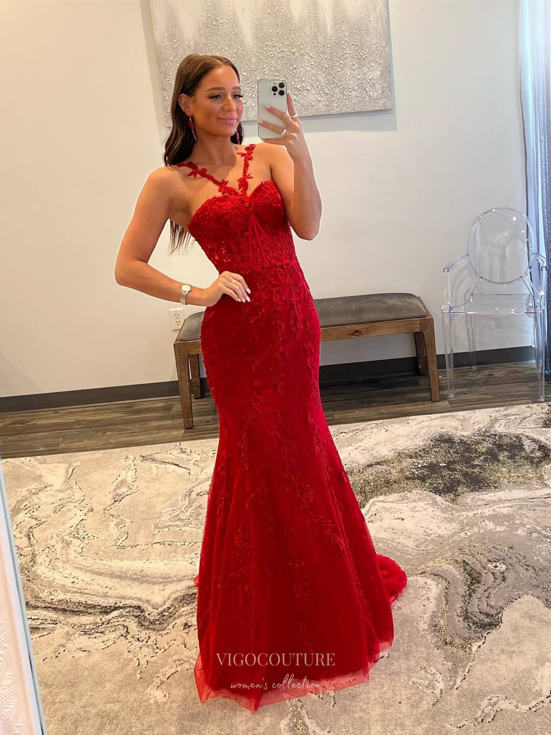 Red Lace Applique Prom Dresses Mermaid Evening Dress with Spaghetti Straps 24006 Custom Colors / 26W Red Lace Applique Prom Dresses Mermaid Evening Dress with Spaghetti Straps 24006 Custom Colors / 26W