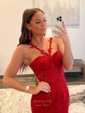 Prom Dress 2025 Red Lace Applique Prom Dresses Mermaid Evening Dress with Spaghetti Straps 24006-unique elegant Prom Dresses-Red-Custom Size-vigocouture