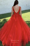 Prom Dress 2025 Red Lace Applique Prom Dresses Plunging V-Neck Evening Dress 21782-unique elegant Prom Dresses-Red-US2-vigocouture