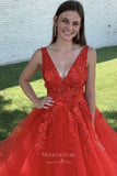 Prom Dress 2025 Red Lace Applique Prom Dresses Plunging V-Neck Evening Dress 21782-unique elegant Prom Dresses-Red-US2-vigocouture