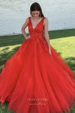 Prom Dress 2025 Red Lace Applique Prom Dresses Plunging V-Neck Evening Dress 21782-unique elegant Prom Dresses-Red-US2-vigocouture