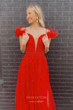 Prom Dress 2025 Red Lace Applique Prom Dresses Plunging V-Neck Feather Evening Gown 21925-unique elegant Prom Dresses-Red-US2-vigocouture