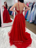 Prom Dress 2025 Red Lace Applique Prom Dresses Spaghetti Strap V-Neck Evening Dress 21765-unique elegant Prom Dresses-Red-US2-vigocouture