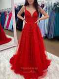 Red Lace Applique Prom Dresses Spaghetti Strap V-Neck Evening Dress 21765