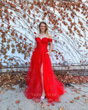 Prom Dress 2025 Red Lace Applique Prom Dresses with Slit Off the Shoulder Formal Gown 22032-unique elegant Prom Dresses-Red-Custom Size-vigocouture