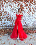 Prom Dress 2025 Red Lace Applique Prom Dresses with Slit Off the Shoulder Formal Gown 22032-unique elegant Prom Dresses-Red-Custom Size-vigocouture